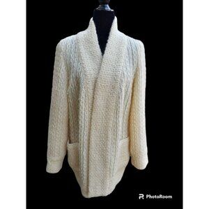 Made in Greece Wool Chunky Cable Knit Open Grandmacore Cardigan Pockets Size L